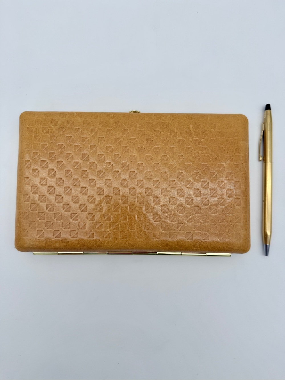 Rare Abas Vintage Leather Cache Book Wallet Clutch Tan & Gold with Cross Pen